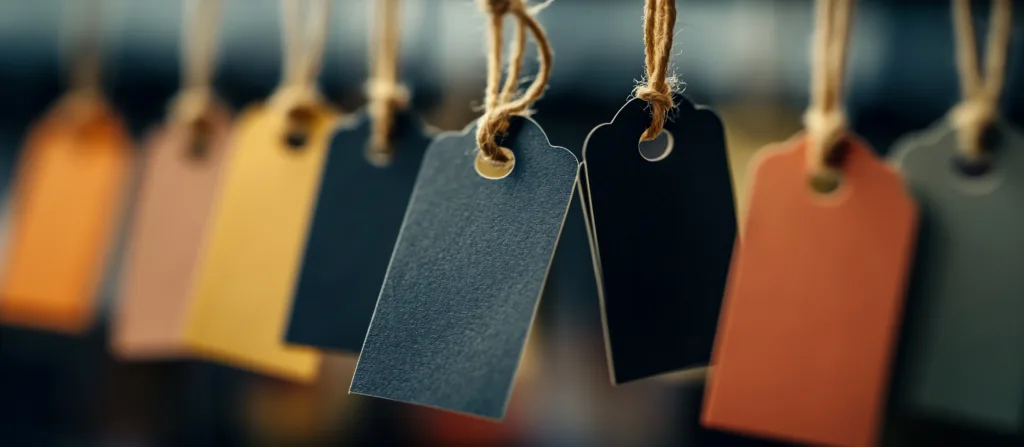 closeup various colored blank price tags hanging twine